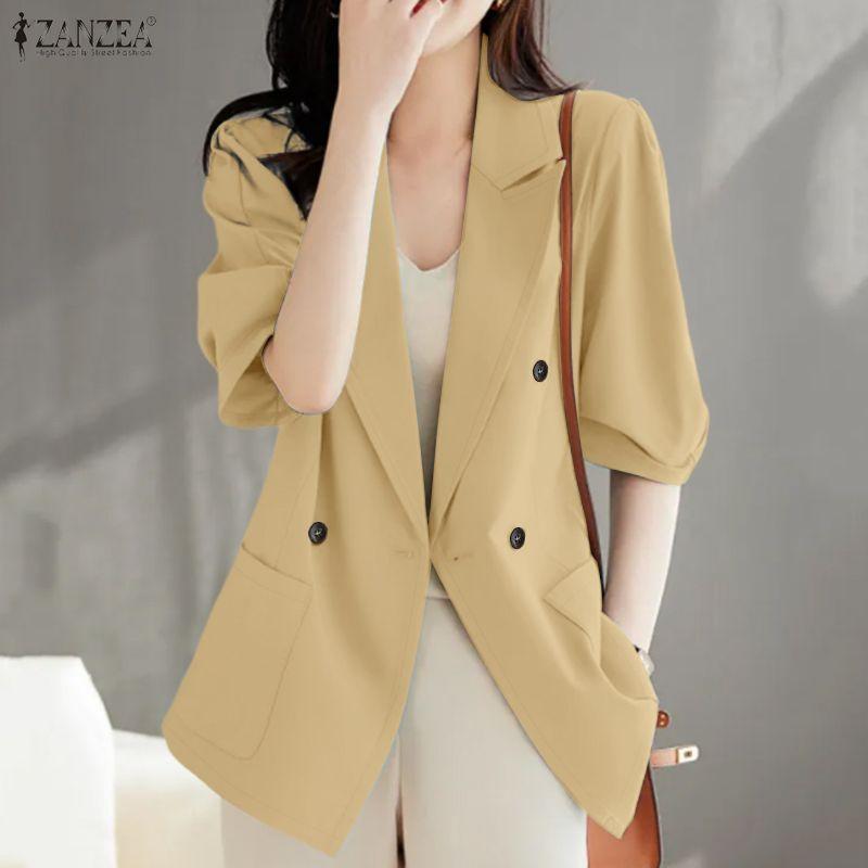 ZANZEA Women Casual Turn Down Collar Loose 3/4 Sleeve Thin Cardigan Blazer