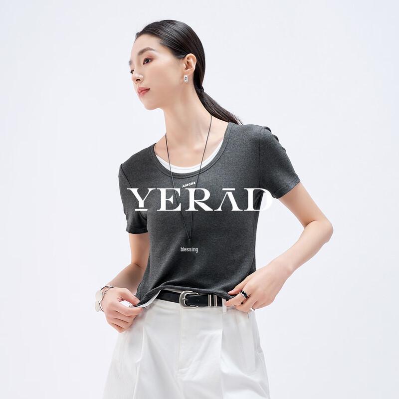 YERAD Women's Casual Faux Two-Piece Grey Short Sleeve T-Shirt
