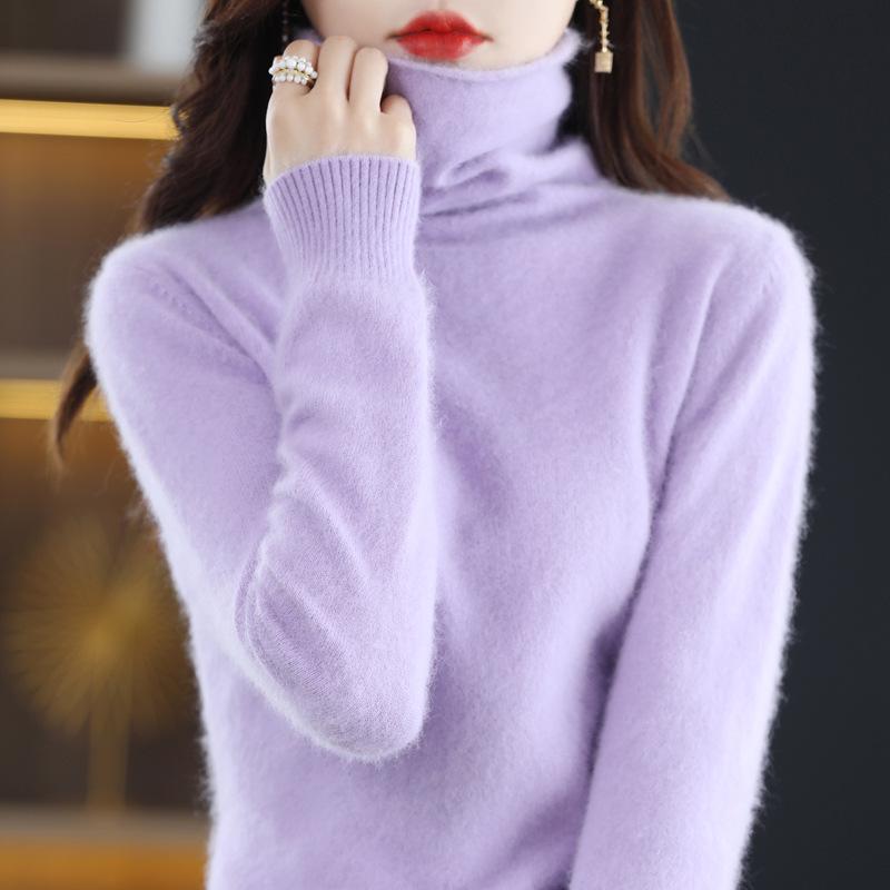 Women's Cashmere High Neck Sweater, Loose Fit, Short Mink Velvet Knit, Base Layer Wool Pullover for Autumn and Winter.