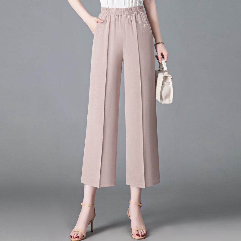 Mom's Casual Cropped Pants Straight Leg High Waist Summer Ice Silk Women's Wide Leg Pants for Middle-aged and Elderly People