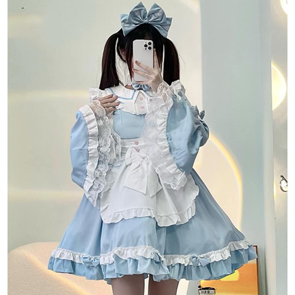 Maid Outfit Cosplay Lolita Dress with Princess Long Light Mori Girl Dreamy Lace Christmas Blue [SSUPTEMBER2] Sleeves, Sleeves, Blue, Style, Cute,