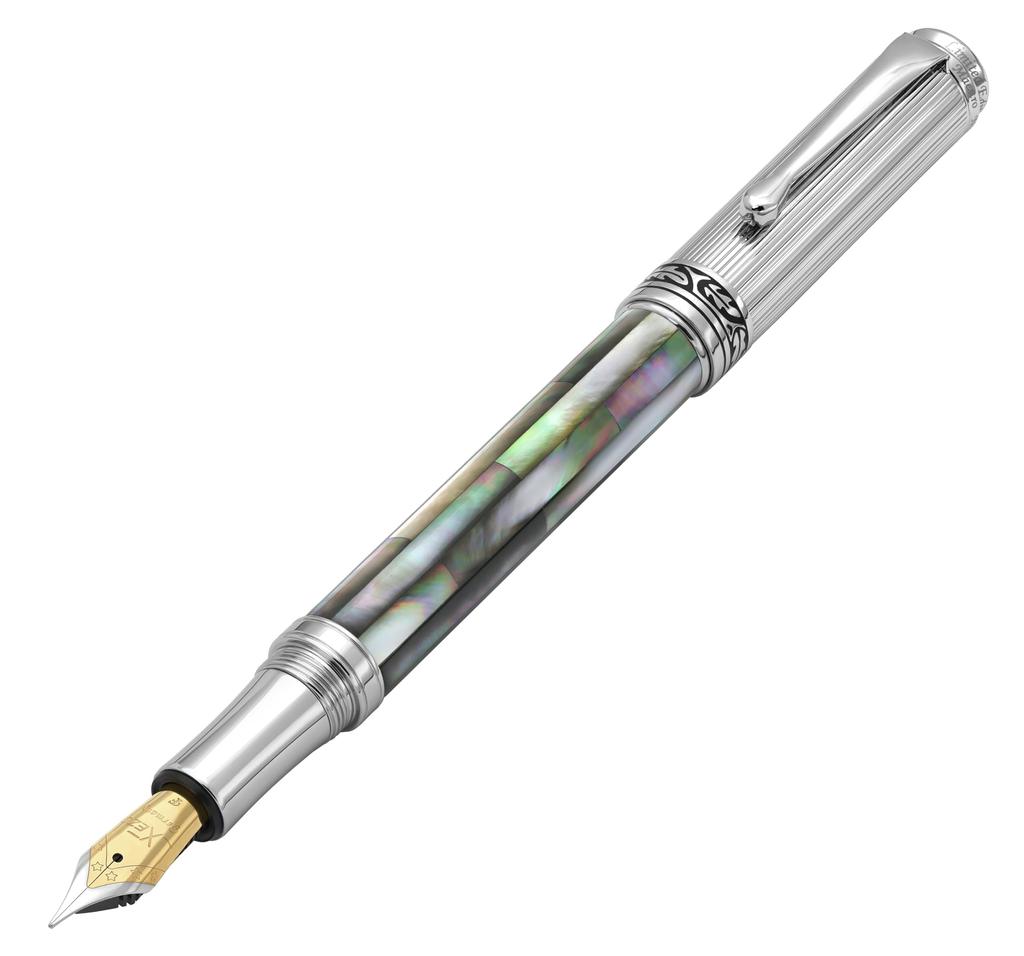 Xezo Maestro Black Fountain Fine Chrome No Two Pens Alike Mother-of-Pearl Pen, Nib, Plated, Handcrafted,