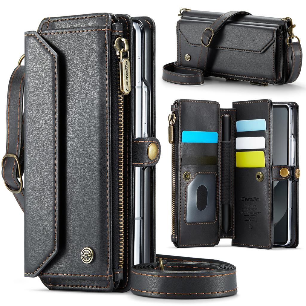 Crossbody Cards Solt Zipper Wallet Leather Case For Samsung Galaxy Z Fold 6 5 4 3 5G Purse Bag Pocket S-Pen Holder Lanyard Cover