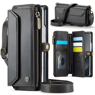 Crossbody Cards Solt Zipper Wallet Leather Case For Samsung Galaxy Z Fold 6 5 4 3 5G Purse Bag Pocket S-Pen Holder Lanyard Cover