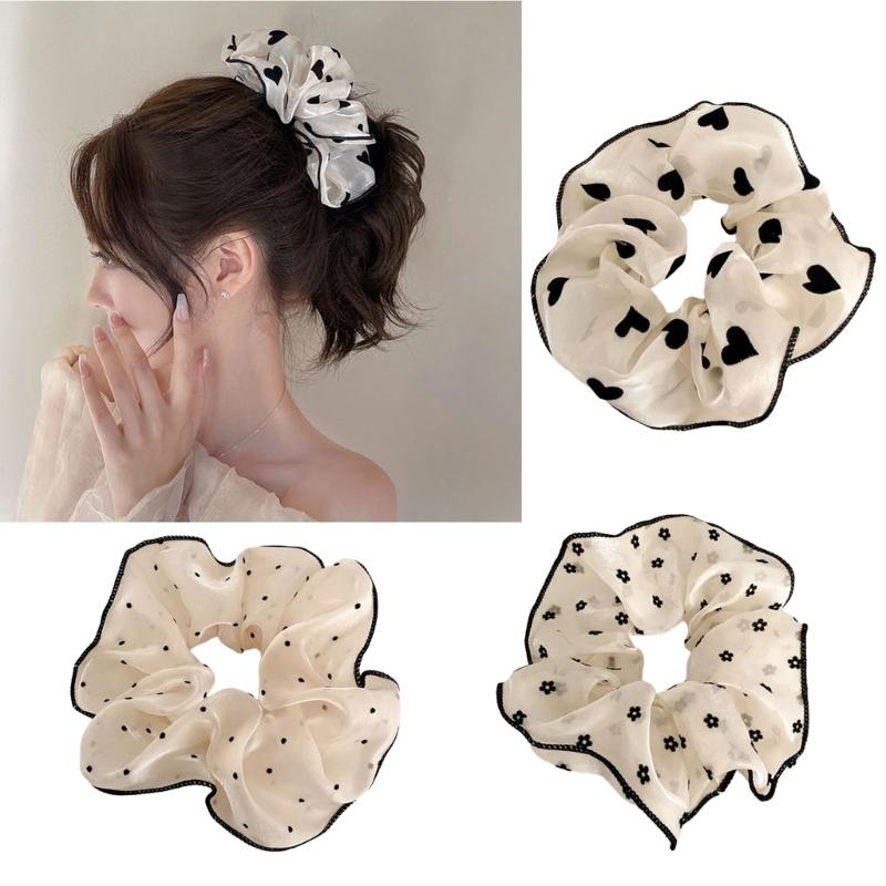 Soft Fabric Scrunchies Hair Tie For Women Girls Round Dot Floral Heart Design Elastic Hair Accessories No Metal Part