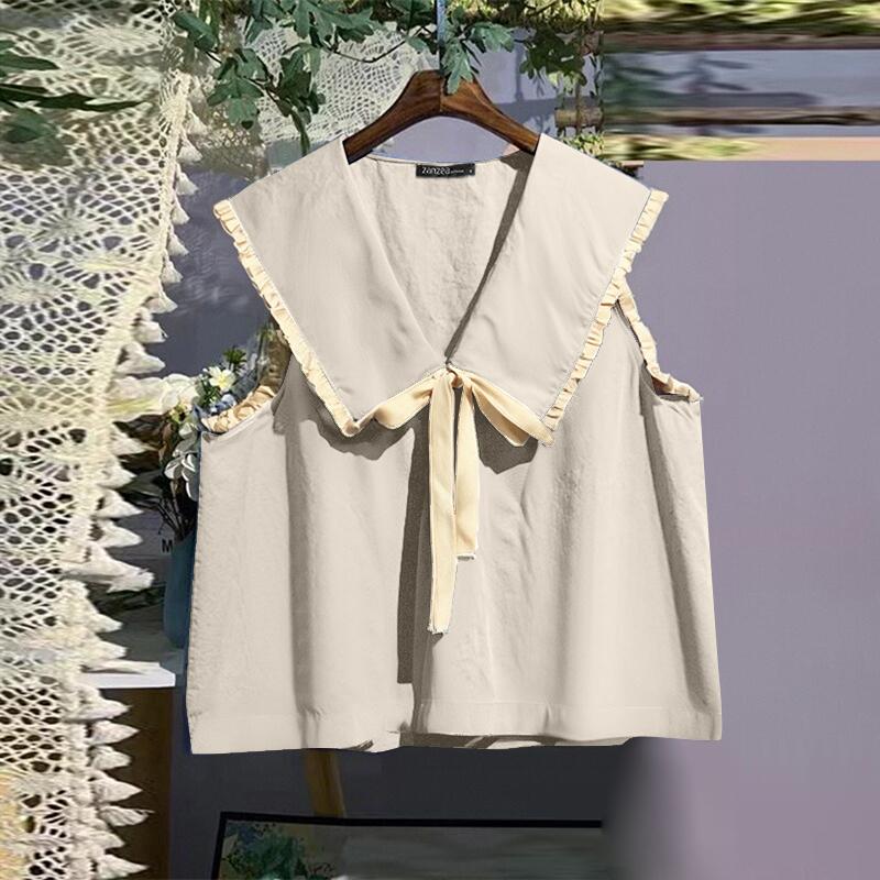 

ZANZEA Женские повседневные летние майки без рукавов с темно-синим воротником L бежевый