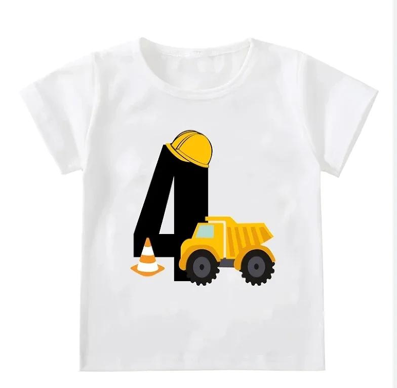 Engineering Vehicle Number 6 Dump Truck Print Boys White T Shirt Builder Themed Short Sleeve Sixth Birthday Casual Wear