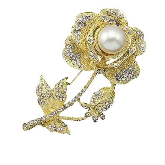 Kvinners Rose Flower Faux Pearl Rhinestone Brosje Pin Brude bryllup smykker gave