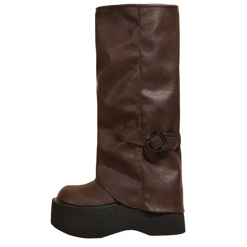 Cowhide high boots thick-soled boots women's knee-length boots small trouser boots women's muffin-bottom knight boots