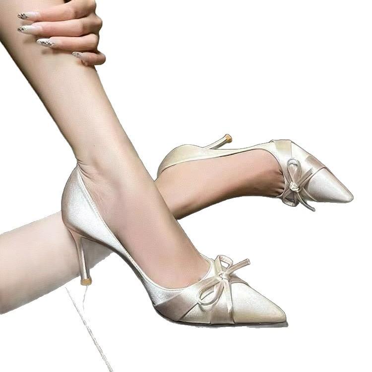 Satin Pointed Toe High Heels For Women With Bowknot And Slipon Design For Casual Fashion