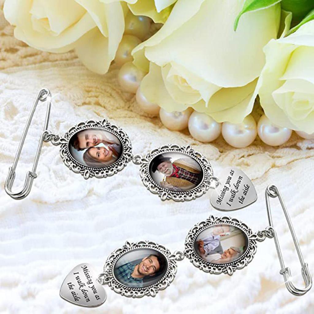 2x Wedding Bouquet Photo Charms, Bridal Lacy Oval Pin Memorial Charms
