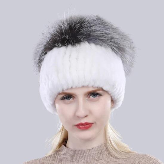 New Outdoor Good Elastic Natural Rex Rabbit Fur Hat Women Winter Knitted Real Sliver Fox Fur Cap Lady Real Fur Hats
