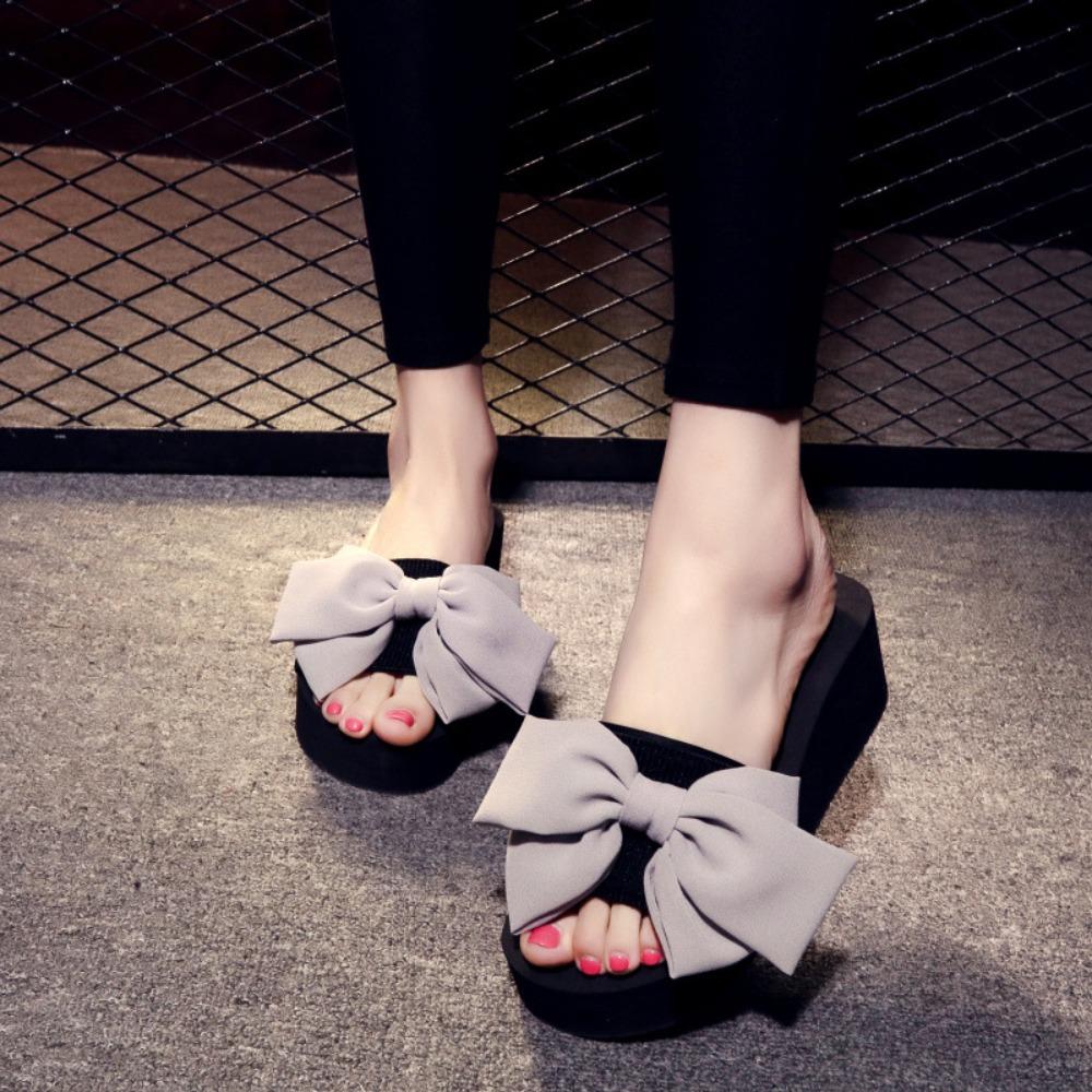 Bowknot Slippers Women Fashion Summer High Heels Thick Sole Anti Slip Slope Heel Outdoor Beach Cool Slippers Sandals Women