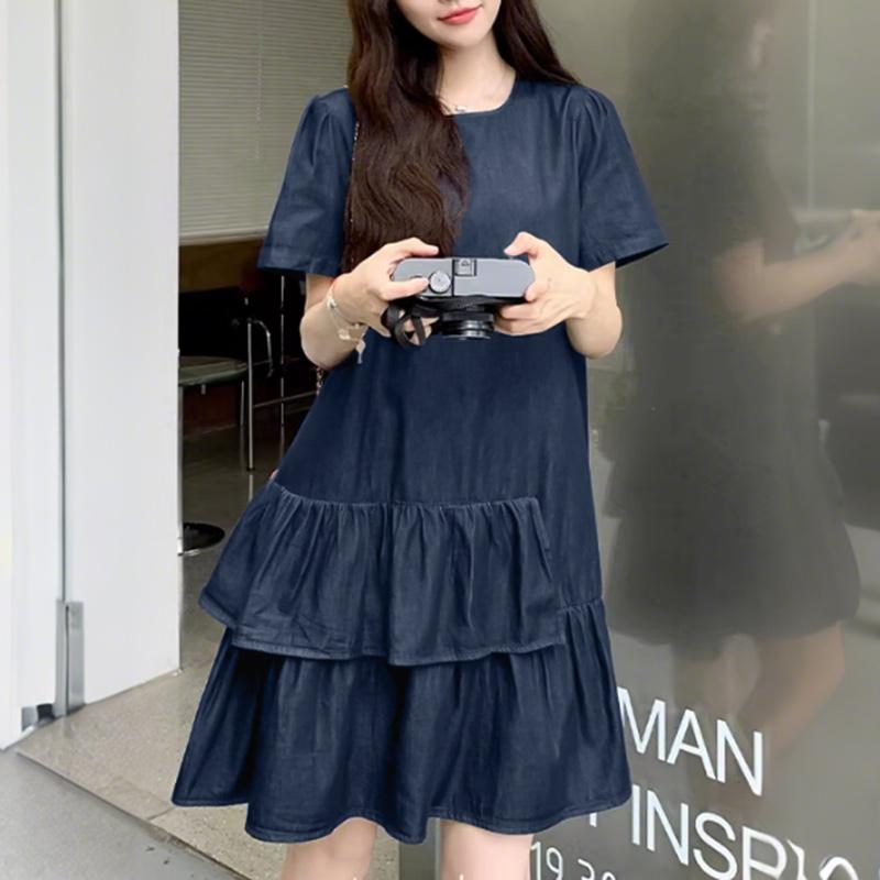 ZANZEA Women Casual Round Neck Summer Short Sleeve Ruffles Dress S темно-синий