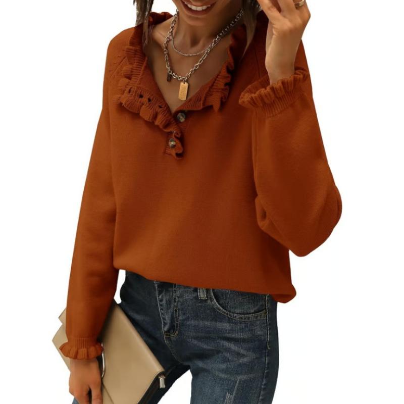 Women S Knit Long Sleeve Pullover Sweater With Buttons Ruffles