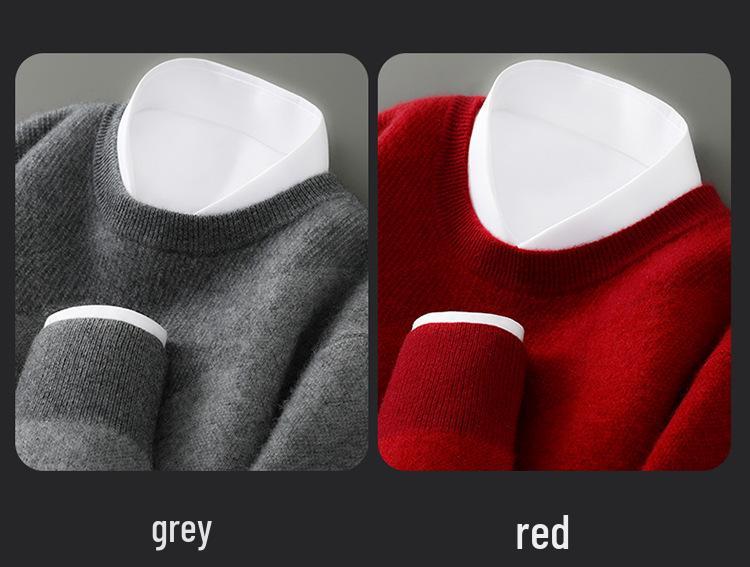 Men's 100% Pure Wool Color Block Round Neck Sweater - Thick Jacquard Knit for Autumn/Winter, Loose Casual Fit.
