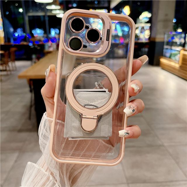 For iPhone 16 Pro Max Luxury Transparent Magsafe Magnetic Holder Frame Phone Case For iPhone 11 12 13 14 15Plus Lens Stand Cover