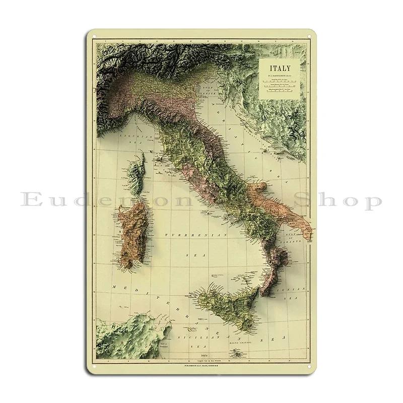 Hartă relief a Italiei redată digital Hartă relief vintage a Italiei Imprimare Cu D Illusion Metal imprimat Semn de perete din tablă Afiș