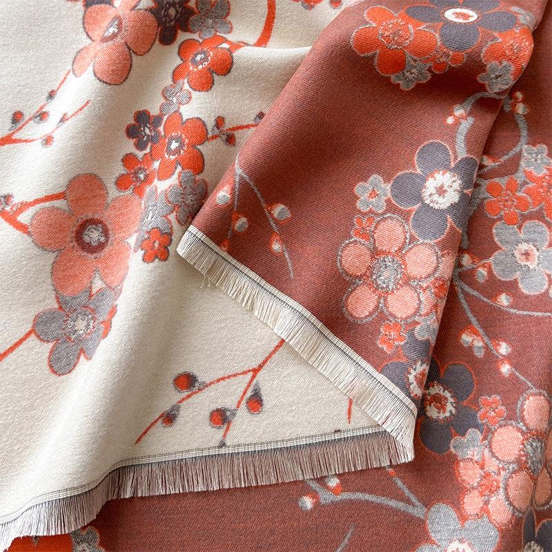 Retro Elegant Plum Blossom Imitation Cashmere Scarf Women'S Thickened Double-Sided Cold Protection Outside With Winter Shawl Office Cape