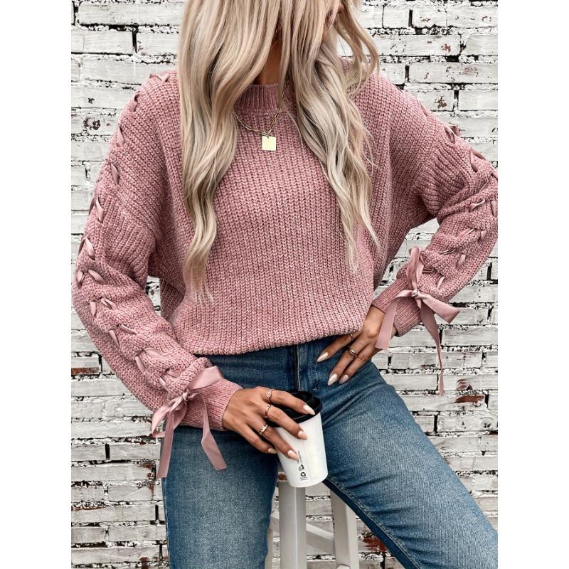 Suéter Liso de Cuello Redondo con Lazo, Suéter Casual de Manga Larga para Otoño e Invierno, Ropa de Mujer