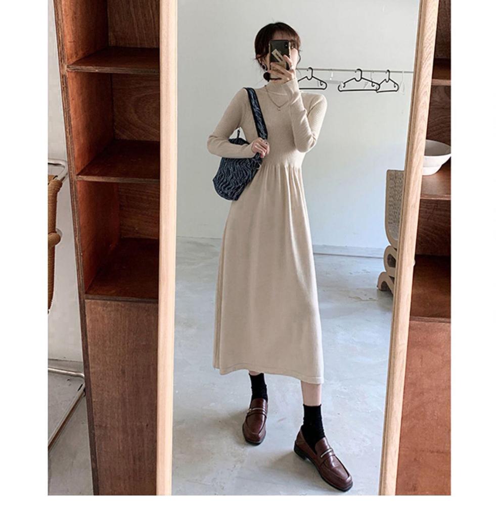 Women's Long French Knitted Dress - Autumn/Winter, Elegant Royal Style, Perfect Layer with Coat