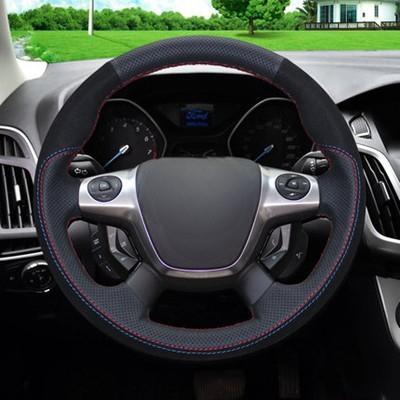 GNUPME DIY Customized Name Hand-Stitched Black Genuine Leather Car Steering Wheel Cover for Ford Focus Kuga Mondeo Edge