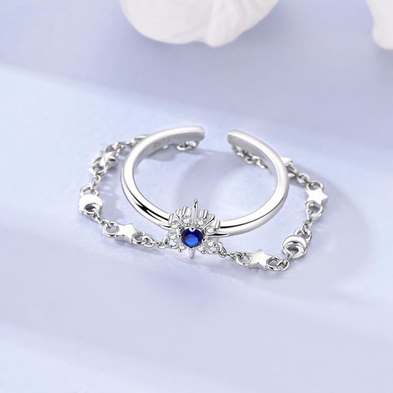 Rings Authentic Original Copper Metal Rings Blue Bow Zircon Adjustable Open Double Layer Rings Designed For Women Man High Quality Fine Jewelry