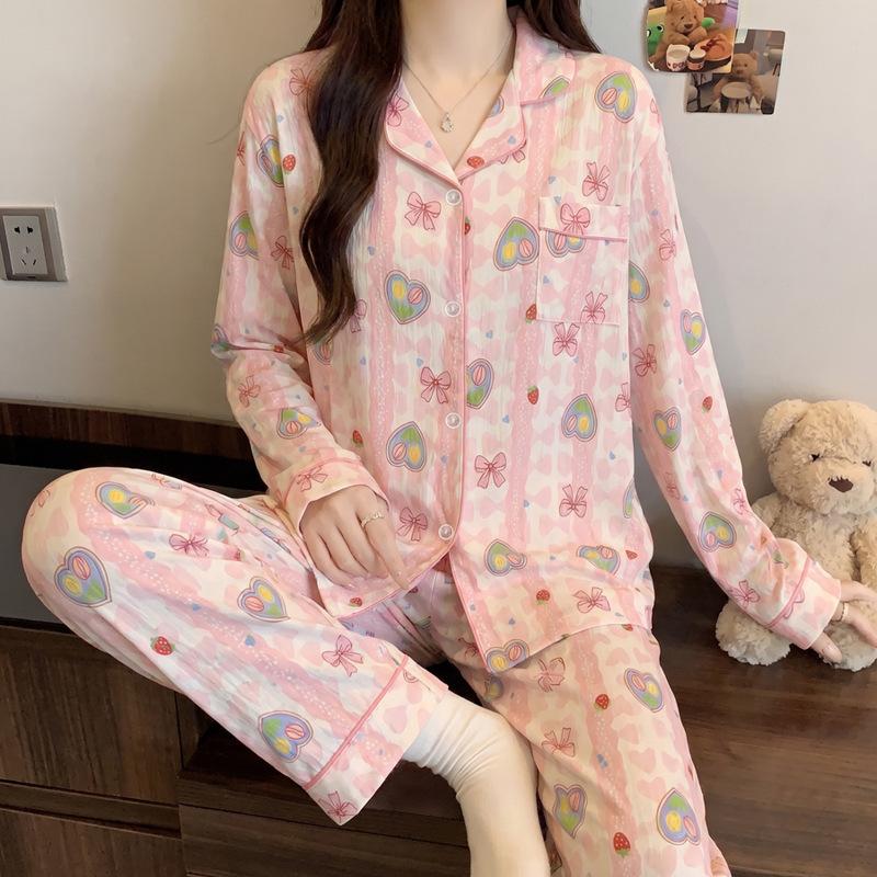 Color polka dot pajamas women's long-sleeved trousers spring and autumn cloud cotton suit casual cardigan simple loungewear