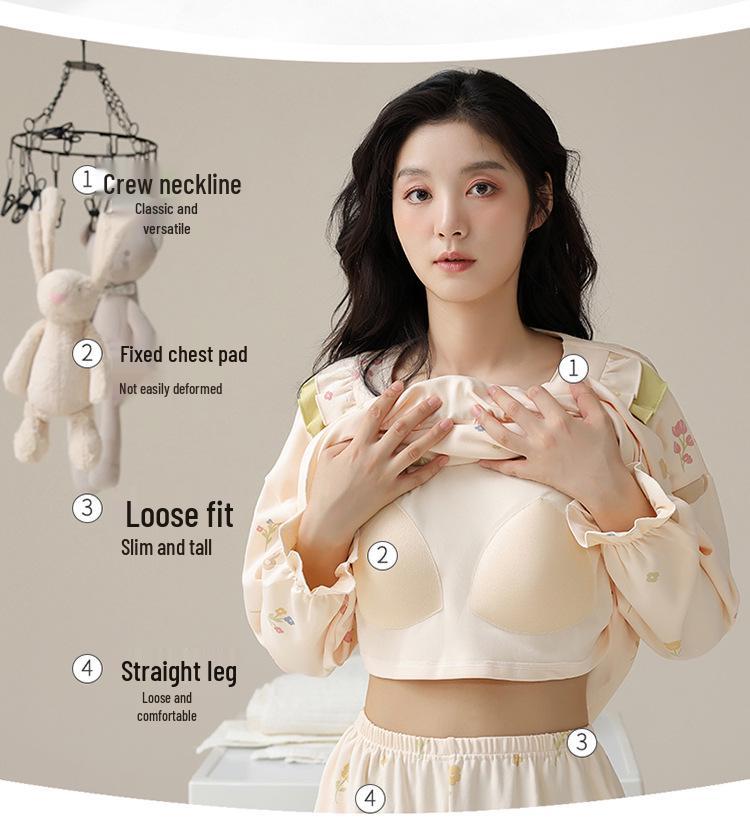 Women's Long-Sleeve Cotton Pajama Set with Chest Pads - Cozy Autumn/Winter Wear, Sweet & Stylish for Home or Outside
