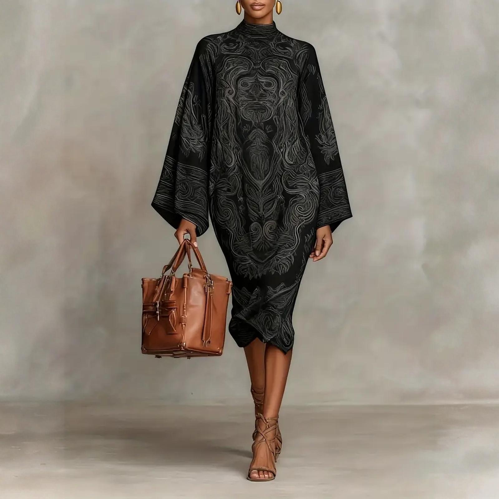 

Женское модное повседневное платье с принтом, с длинными рукавами, свободная длинная юбка XXL чёрный