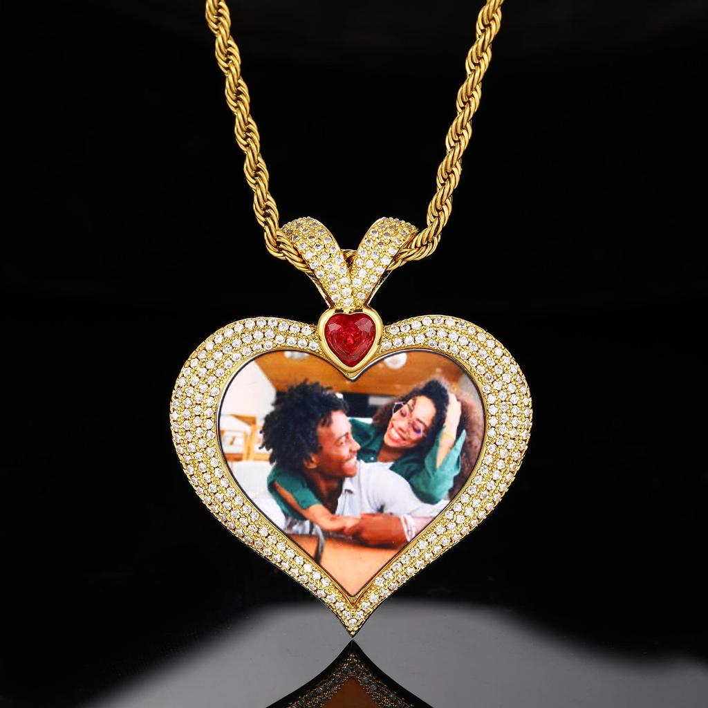 Heart-Shaped Hip Hop DIY Photo Pendant with Zircon Inlay – Customizable and Trendy