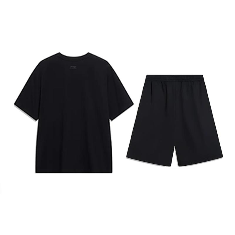 Li-Ning Letter Print Loose Short Sleeve T-Shirt Casual Sports Set Unisex Tops Black AHSU803-2+AKSV291-1