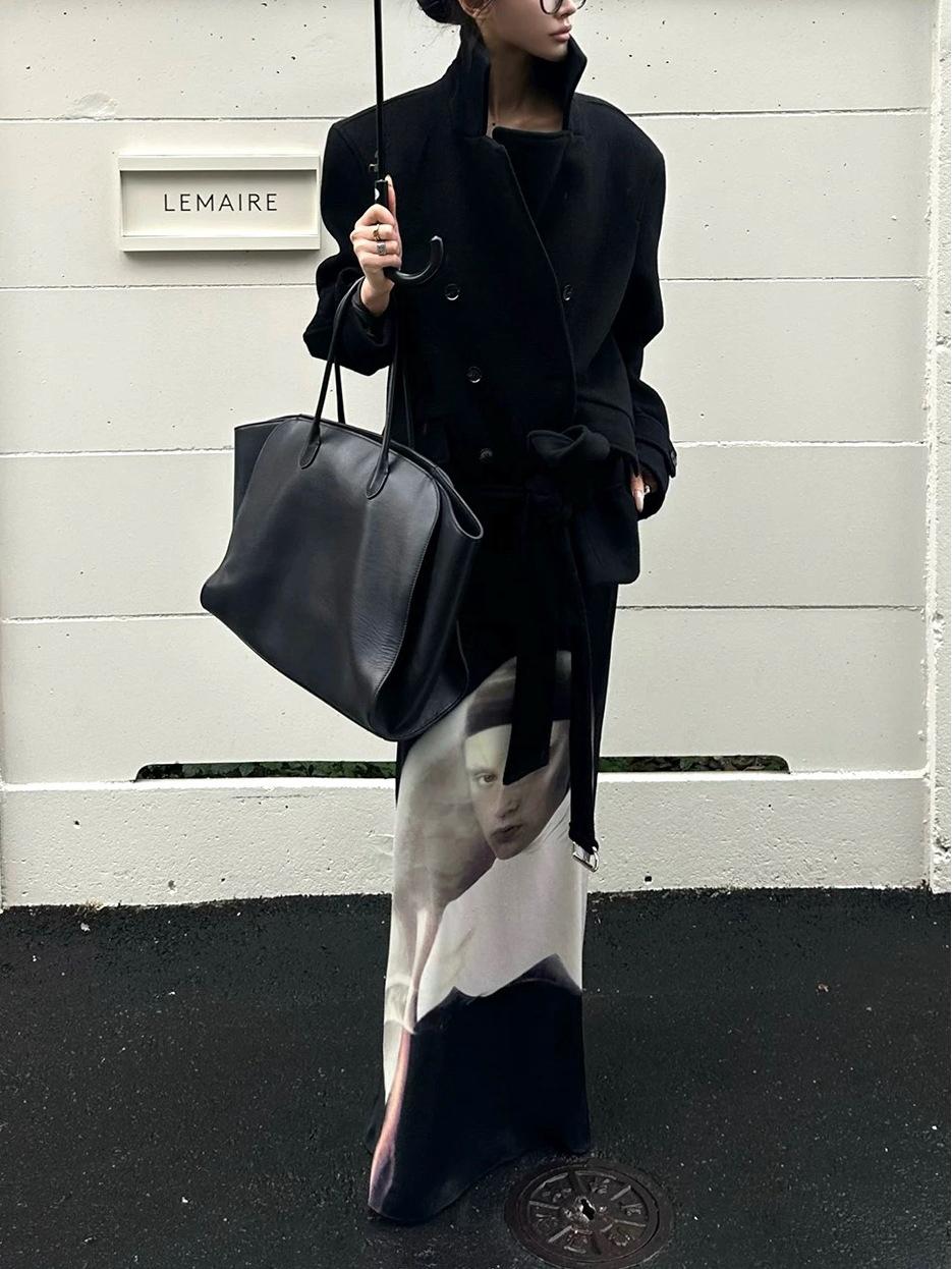 Women s Black Print High Slit Bodycon Midi Skirt S