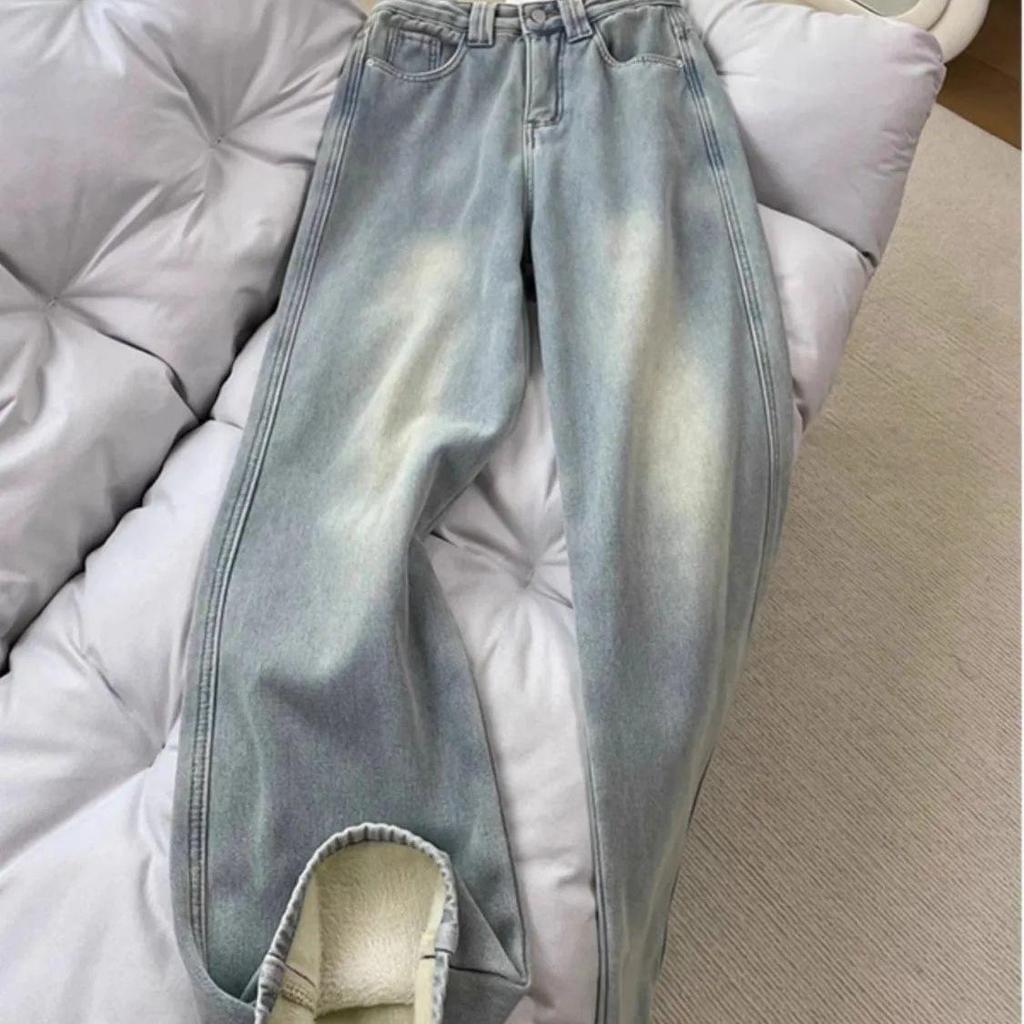 Retro High Waist Yellow Wide-Leg Velvet-Lined Jeans for Women - Autumn/Winter Collection