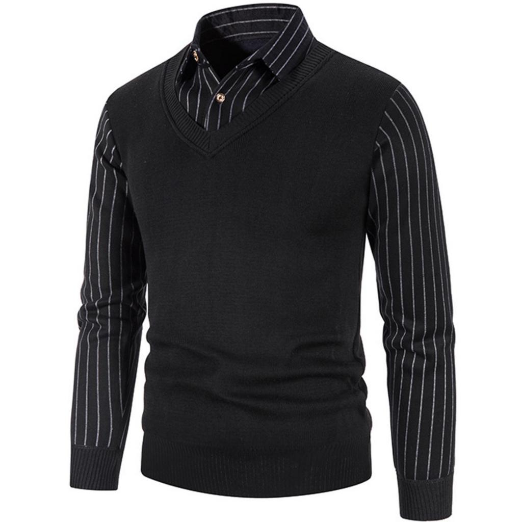 Men's Solid-color Casual V-neck And Square Neck Pullover Knitted Sweater, Men's Fake Two-piece Striped Neck Long-sleeved Sweater