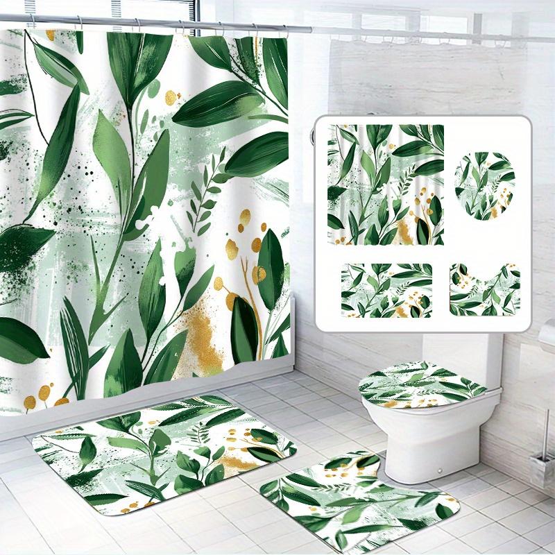1/4 Set Of Green Leaves Surround Shower Curtain Set Breeze Green Leaves Comfortable Fresh Series Modern Home Bathroom Decoration