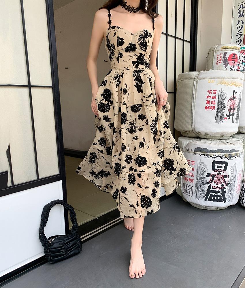Real Summer Clothing New Hepburn Style Retro Niche Backless Printing Dress Female Sexy Suspender Skirt Trendy
