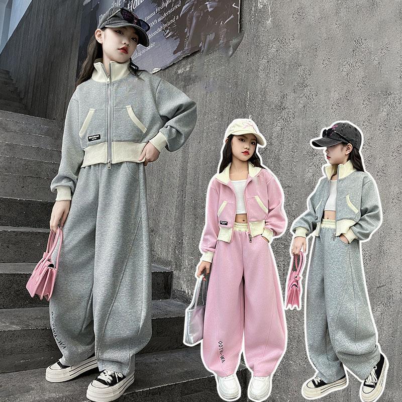 Girls Fashion Streetwear Dance Clothes Set Kids Short Zipper Coat Pants Sets Tracksuits Teen Clothing 3 5 7 9 11 13 15 Years Old