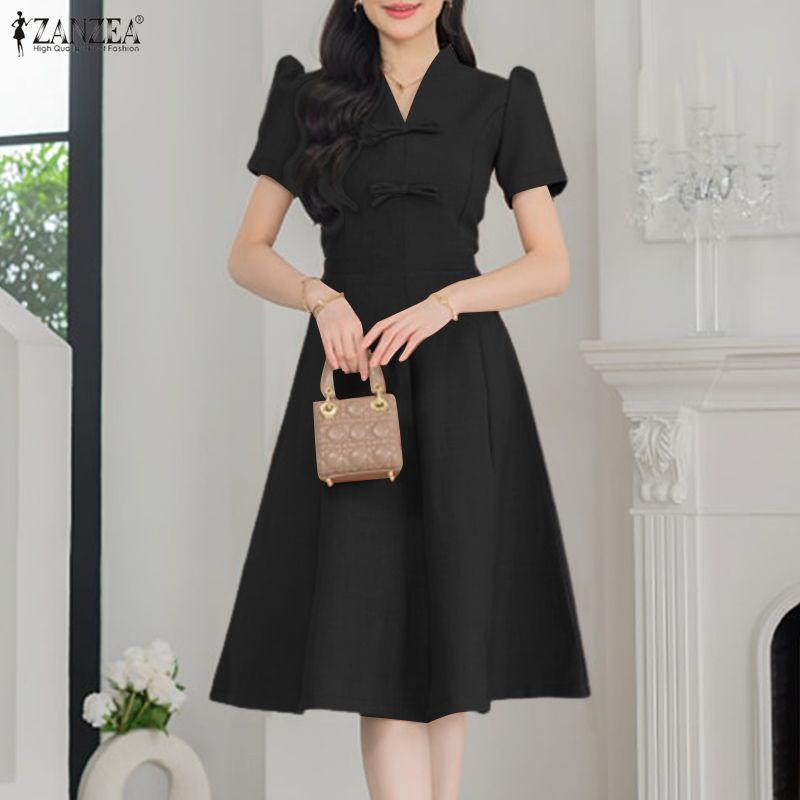 ZANZEA Women Elegant Casual V-Neck Short Sleeve A-line Dress