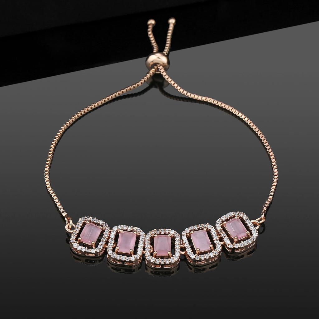 Estele Women's Octagonal Bracelet In Rose Gold with CZ Ossum and Mint Pink Crystals