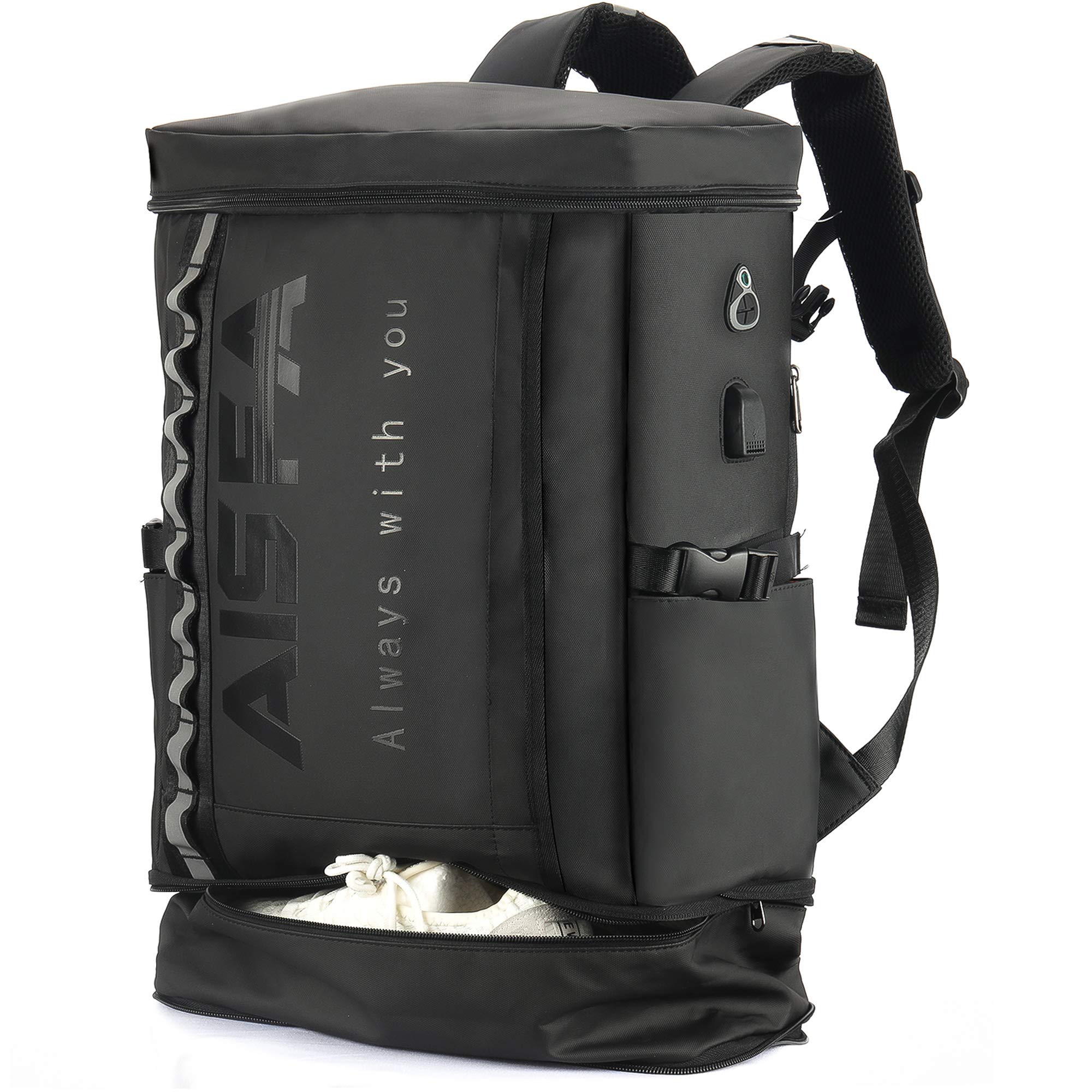 

AISFA Водонепроницаемый Квадратный Подходит для Бизнеса Зарядка USB 30 л Идеально для Походов, Чрезвычайных Ситуаций, Хранения Обуви и Ланча Мужской Рюкзак, 17-дюймовые ПК, Ноутбуки, Порт, чёрный