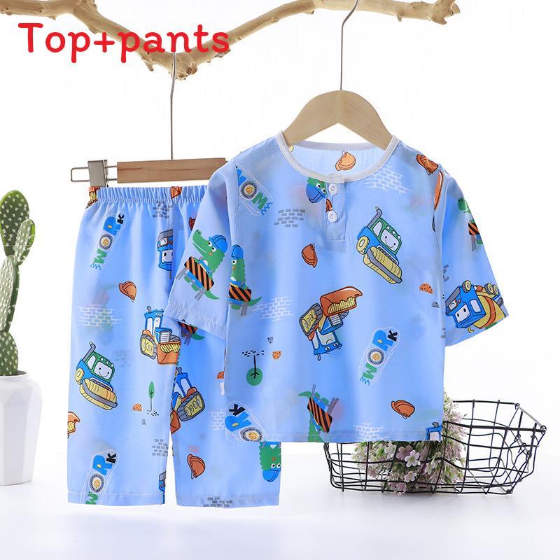 Cartoon Dinosaur Kids Sleepwear Set With Breathable Cotton Silk For Summer Comfort