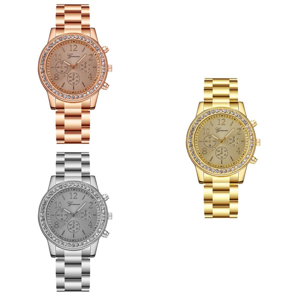 Womens Stylish Diamond Embellished Round Steel Wristwatch With 24h Indicator And Quartz Movement