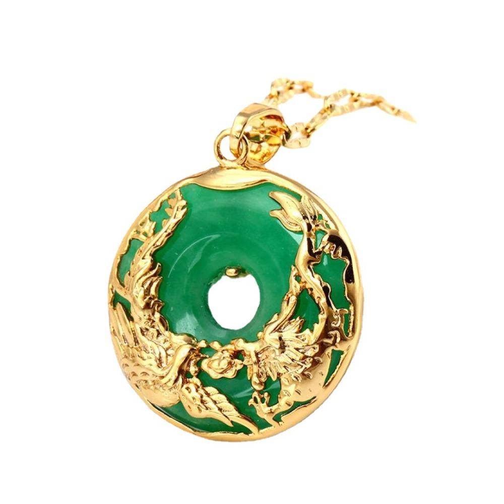 Elegant Gold Plated Green Chalcedony Pendant Necklace Women Laos Dragon Phoenix Jewelry