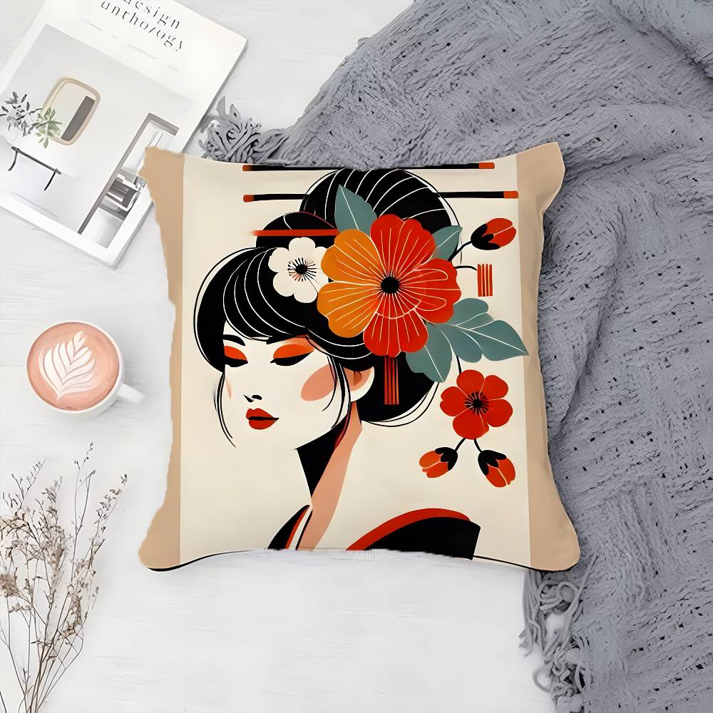 

Classic Retro Japanese Lady Beautiful Pillow Case Printing Pillowcase Living Room Sofa Cushion Cover Bedroom Room Decor 12x12Inch