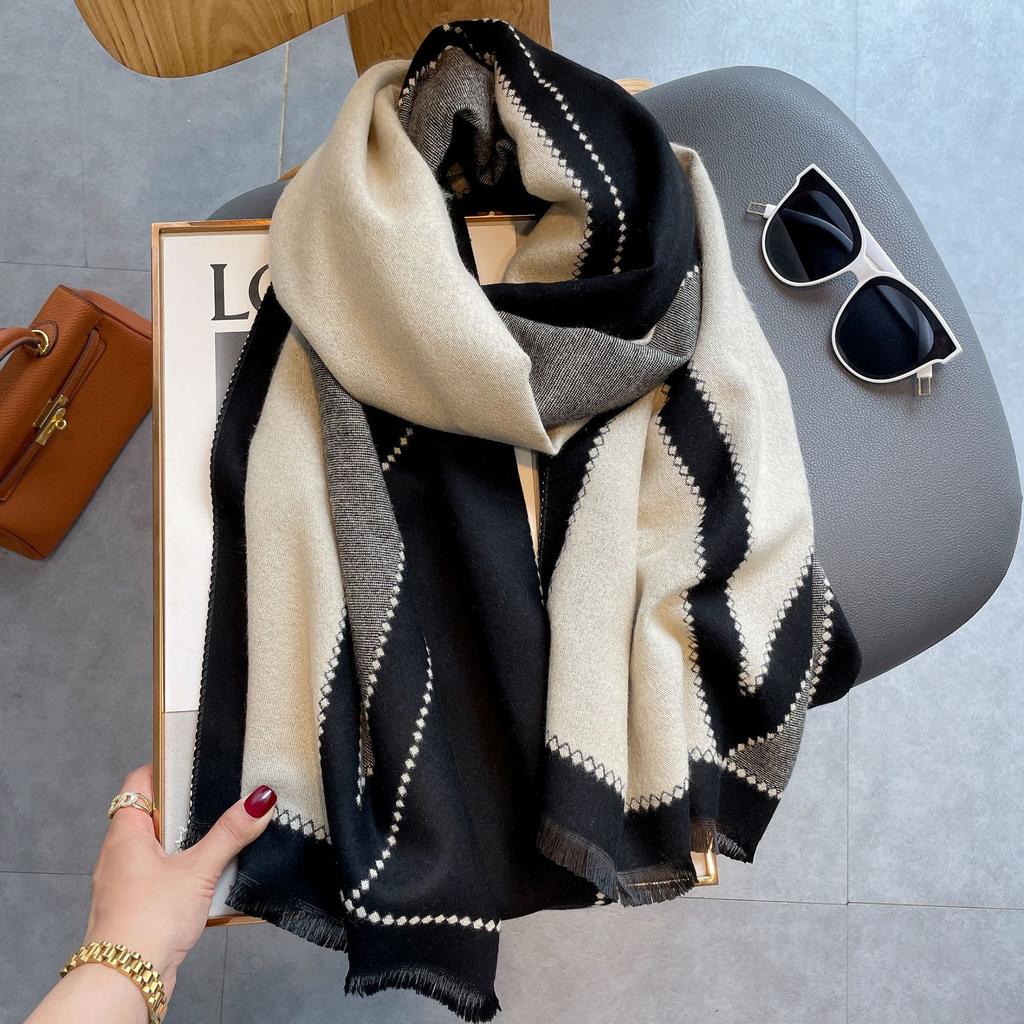 Autumn Imitation Cashmere Warm Scarf Plaid Jacquard Thick Air Conditioner Shawl Decoration Short Beard Fringed Scarf Versatile