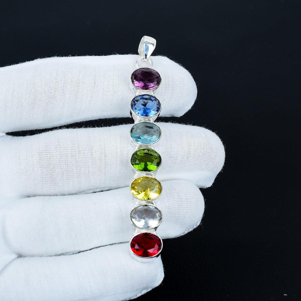 Beautiful 7 Chakra Pendant, 925 Sterling Silver Pendant, Handmade Pendant, Antique Pendant, 7 Chakra Gemstone Pendant, Party Wear Gift