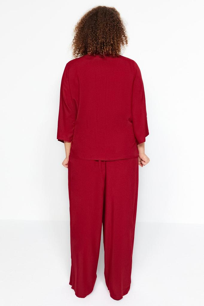 Women's Style Plus Size Claret Red Double Breasted Collar Tied Woven Pajama Set