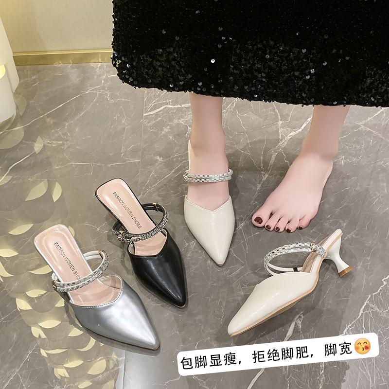 Half Slippers Women's Baotou 2025 Summer New Versatile Outer Wear Thin Heels High Heels Pointed Cool Slippers Women