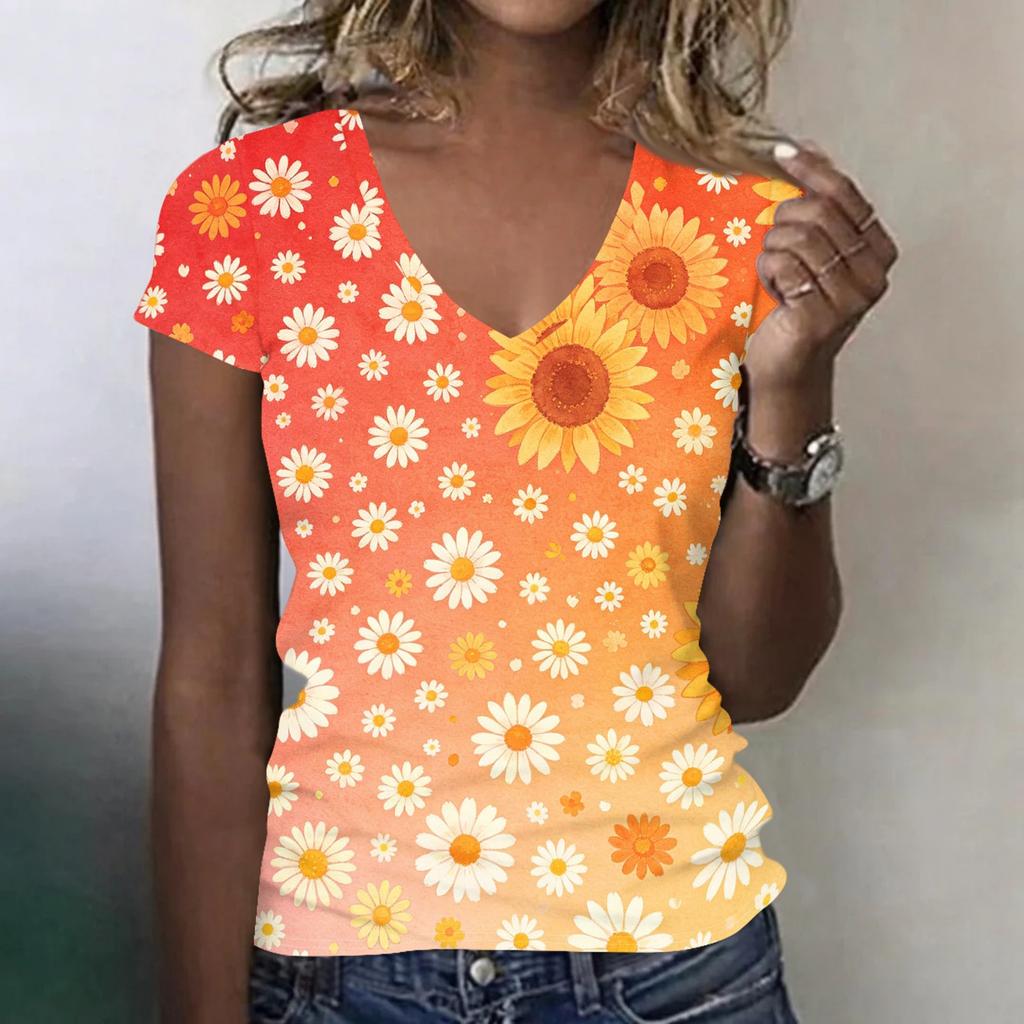 Women Casual V Neck Short Sleeve Floral Print T Shirt Lightweight Soft Fabric Comfortable Fit Summer Top